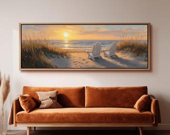 Beach Sunset Framed Canvas, Chairs on Sand Painting, Wide Panoramic Wall Art, Large Coastal Decor, Romantic Seascape,Long Narrow Bedroom Art