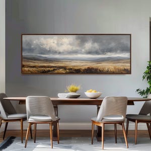 Moody Landscape Oil Painting, Long Horizontal Panoramic Wall Art, Vintage Style Framed Print, Neutral Decor for Living Room, Ultra Wide Art