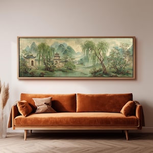 Paisagem asiática vintage, arte de parede horizontal longa, tela panorâmica ampla emoldurada, mural chinês grande e grande, impressão texturizada japonesa