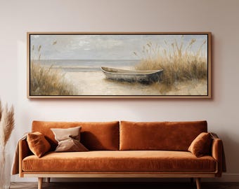 Rustic Boat Canvas Print, Coastal Wall Art, Wide Panoramic Painting, Large Framed Decor, Serene Seascape, Long Narrow Art, Neutral Tones