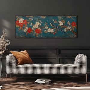 Vintage Japanese Bird Print, Panoramic Framed Canvas, Long Horizontal Chinoiserie Wall Art, Teal Red Cherry Blossom Painting, Ultra Wide Art