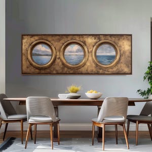Porthole Seascape Painting, Wide Panoramic Canvas, Long Narrow Framed Art, Large Oversized Nautical Decor, Illusion Window, Coastal Wall Art