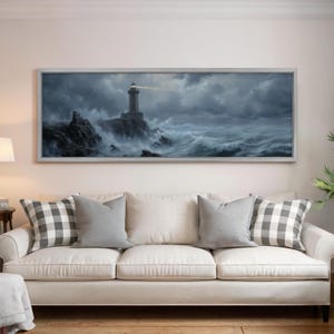 Stormy Lighthouse Painting, Moody Ocean Seascape, Wide Panoramic Framed Canvas, Long Horizontal Print, Dark Coastal Art, Nautical Wall Decor