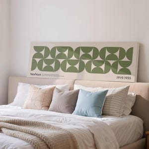 Wide Bauhaus Geometric Art Print, Minimalist Sage Green Mid Century Panoramic Modern Abstract Wall Art, Large Narrow Framed Canvas Art