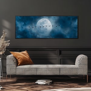Birds Across the Moon Art Print, Dramatic Night Sky Decor, Wide Panoramic Canvas, Large Framed Wall Art, Minimalist Scenery, Long Narrow Art