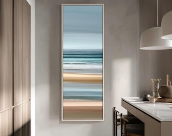 Framed Abstract Seascape Art, Vertical Beach Blur Canvas, Tall Narrow Ocean Print, Long Skinny Coastal Decor, Modern Serene Painting