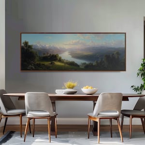 Große Bergfluss Landschaft, breite Panorama gerahmte Leinwand Kunst, lange, schmale Wanddekoration, traditionelle Wohnzimmer Wanddekoration, moderne Dekoration
