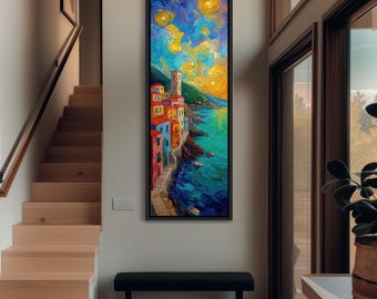 Langes vertikales Küstendorf-Kunst, hohe schmale mediterrane Leinwand, dünne bunte Seestadt-Druck, lebendiges Impasto-Dekor, Reiseplakat