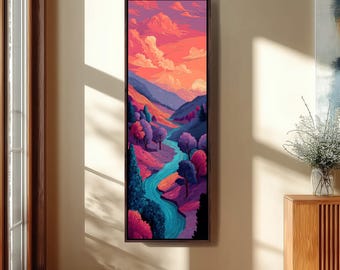 Bunter gewundener Fluss-Wand-Kunst, vertikale Fantasielandschafts-Leinwand, hoher schmaler Sonnenuntergangs-Taldruck, langes dünnes Boho-Dekor, lebendiges Bild