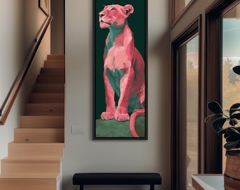 Tall Skinny Pink Lioness Canvas, Long Vertical Pop Art Animal, Narrow Wild Cat Wall Decor, Modern Eclectic Home Art, Regal Lion Print
