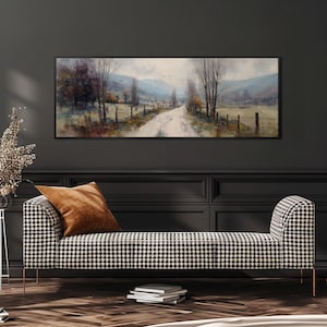 Rustic Country Road Canvas, Vintage Canvas Print, Wide Panoramic Art, Long Horizontal Framed Painting, Farmhouse Decor, Living Room Wall Art