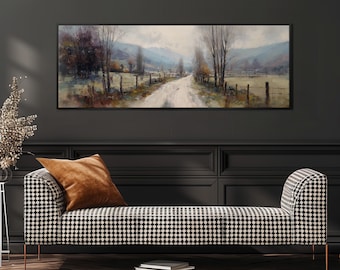 Rustic Country Road Canvas, Vintage Canvas Print, Wide Panoramic Art, Long Horizontal Framed Painting, Farmhouse Decor, Living Room Wall Art