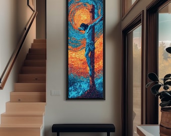 Mosaik Jesus am Kreuz Kunst, vertikale christliche Leinwand, hoher, schmaler Kreuzigungsdruck, buntes Buntglas-Dekor, spirituelle Wandmalerei