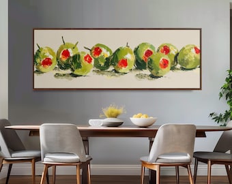 Green Olive Illustration Print, Wide Panoramic Canvas Art, Row of Pitted Stuffed Olives, Modern Mediterranean Kitchen Decor,Foodie Gift Idea