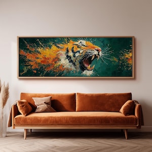 Abstract Roaring Tiger Painting, Orange and Blue Art, Wide Panoramic Canvas, Long Horizontal Framed Print, Powerful Wildlife Wall Decor