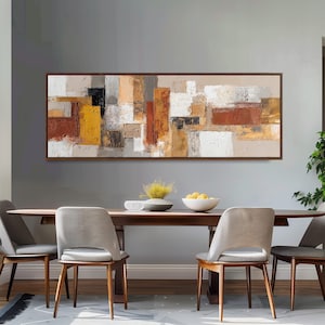 Textured Abstract Painting, Mid Century Impasto Art, Wide Horizontal Framed Canvas, Earth Tone Decor, Panoramic Print, Above Sofa Wall Art