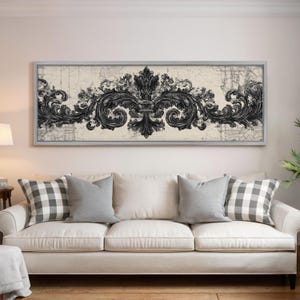 Baroque Damask Framed Canvas, Black & White Scrollwork, Wide Panoramic Wall Art, Large Vintage Print, Long Narrow Wall Art, Elegant Decor