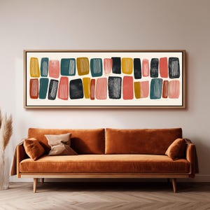 Abstrakte Mid Century-Kunst, Linolschnitt-Blockdruck, breite Panorama-Leinwand, großes modernes Dekor, schmale, gerahmte Kunst, geometrisch, bunt