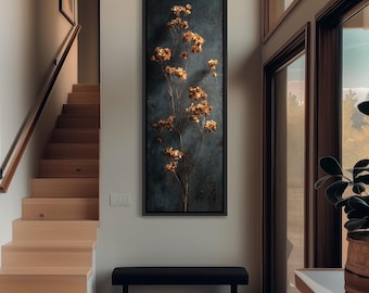 Lienzo alto y estrecho de flores secas, arte floral vertical de bronce, estampado botánico delgado y melancólico, decoración de pared rústica oscura, estilo vintage