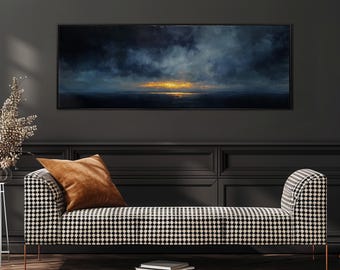 Dramatic Sunset Panoramic Art, Moody Seascape Painting, Wide Framed Canvas, Large Tonalist Decor, Dark Sky Print, Long Narrow Wall Art