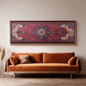Perserteppich Panoramadruck, Vintage Wandteppich, Wandkunst, Rotes und Blaues Dekor, Große Leinwand