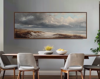 Coastal Sand Dune Print, Wide Panoramic Wall Art, Long Horizontal Canvas, Large Framed Painting, Farmhouse Decor, Neutral Seascape Decor