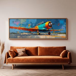 Obraz na płótnie z samolotem w stylu vintage, obraz impasto, szeroka panoramiczna sztuka ścienna, duży wydruk lotniczy, dekoracja męskiej jaskini, kolorowe, teksturowane dzieło sztuki