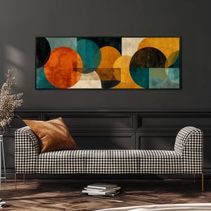 Mid Century Modern Abstract Wall Art, Long Horizontal Panoramic Framed Canvas, Geometric Circles Home Decor, Colorful Wide Wall Art Print