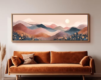 Abstract Hills Wall Art, Minimalist Landscape Print, Wide Panoramic Canvas, Large Framed Decor, Boho Tones, Long Narrow Art, Above Bed Decor