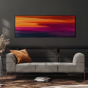 Arte mural abstracto con degradado, impresión de textura tejida, colores de atardecer panorámicos amplios, lienzo minimalista enmarcado grande, decoración horizontal larga y estrecha