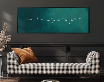 Flying Birds Canvas Art, Wide Panoramic Print, Long Narrow Framed Decor, Large Teal Japandi Painting, Minimalist Bedroom, Zen Horizontal Art