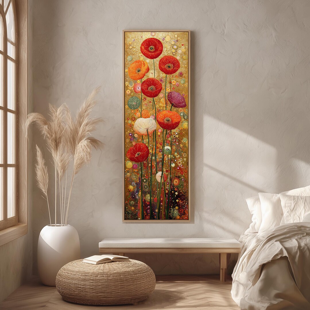 Gustav Klimt Style Floral Painting, Tall Narrow Red Poppy Canvas, Long ...