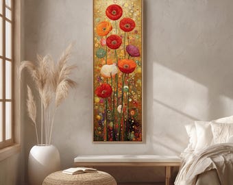 Pintura floral estilo Gustav Klimt, lienzo alto y estrecho de amapolas rojas, arte con hojas doradas verticales, decoración Art Nouveau fina, impresión abstracta de flores.