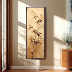 Minimalist Bamboo Canvas Art, Tall Narrow Vertical Wall Print, Japanese Ink Wash Sumi-e Style Long Framed Artwork, Japandi Zen Decor