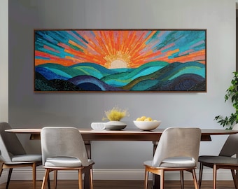 Mosaic Sunset Wall Art, Long Panoramic Framed Canvas Print, Colorful Modern Boho Decor, Abstract Landscape for Living Room,Seascape Wall Art