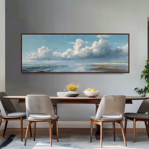 Coastal Seascape Painting, Beach Panoramic Canvas, Wide Ocean Wall Art, Large Framed Print, Painterly Clouds, Long Narrow Living Room Decor