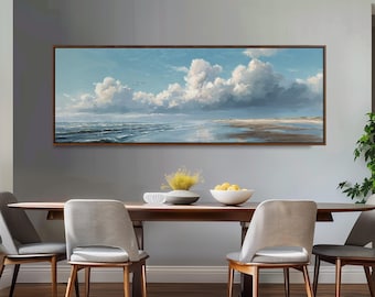 Coastal Seascape Painting, Beach Panoramic Canvas, Wide Ocean Wall Art, Large Framed Print, Painterly Clouds, Long Narrow Living Room Decor