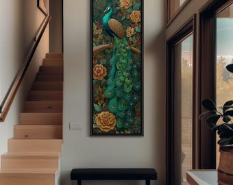 Arte de pavo real alto y delgado enmarcado, lienzo de pájaro vertical largo, decoración floral oscura y estrecha, impresión de estilo Art Nouveau, elegante pintura de animales.