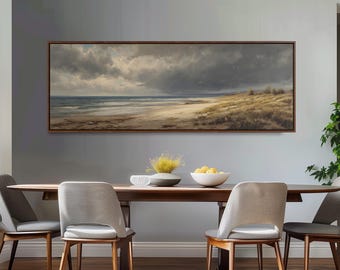 Moody Coastal Art Painting, Wide Framed Canvas, Long Horizontal Print, Large Panoramic Seascape, Rustic Cabin Decor, Nautical Wall Art