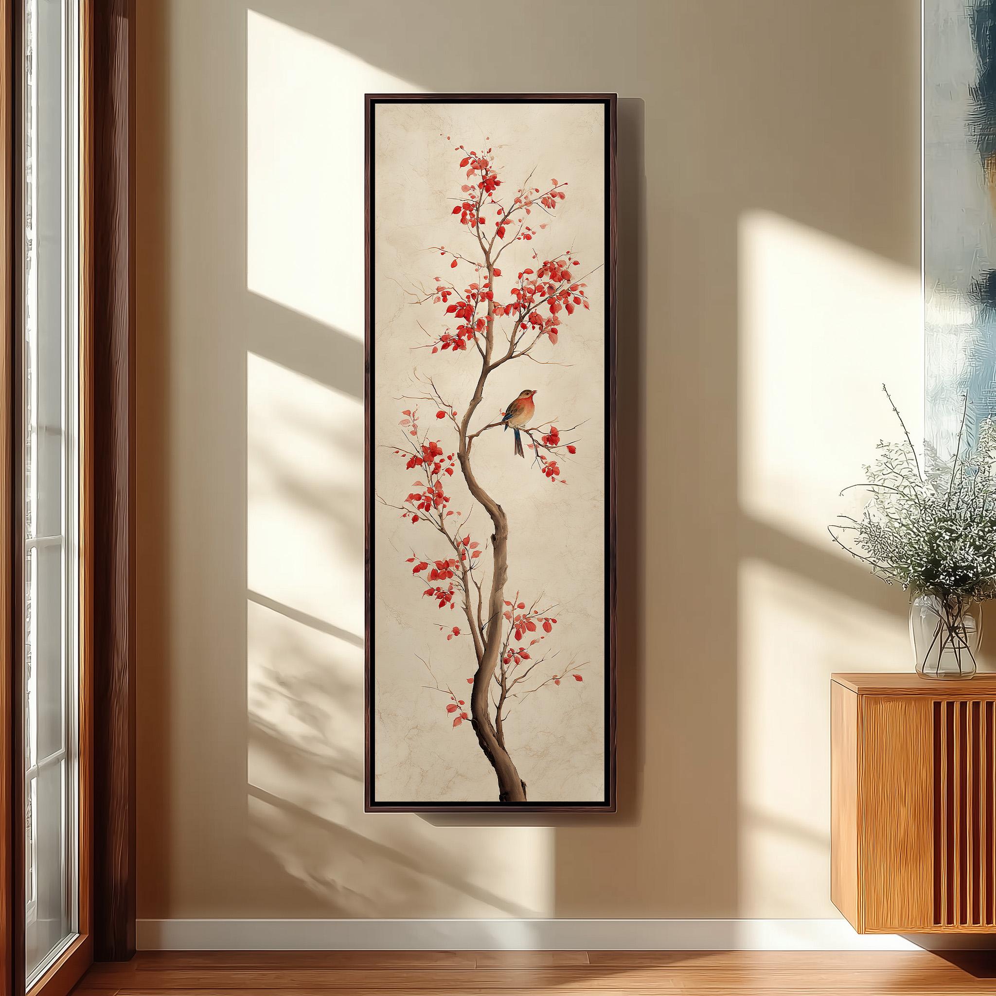 Japanese Ink Wash Bird Art, Vertical Red Maple Branch Canvas, Tall