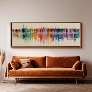 Colorful Abstract Crowd Art, Panoramic Watercolor Print, Large Reflection Painting, Wide Wall Art for Living Room, Long Narrow Framed Canvas