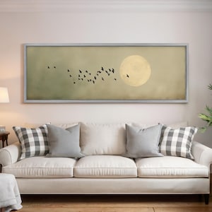 Full Moon Japandi Wall Art, Flying Birds Canvas Print, Wide Panoramic Art, Horizontal Sky View, Framed Canvas Print, Mid Century Modern Art