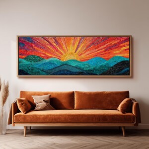 Colorful Mosaic Sunset Painting, Long Panoramic Framed Canvas Art, Modern Bedroom Abstract Tile Landscape, Boho Wall Decor for Living Room