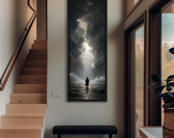 Hoher schmaler Jesus, der auf Wasserkunst geht, vertikale christliche Malerei, lange dünne religiöse Leinwand, spirituelle Wohndekoration, christliche Wandkunst