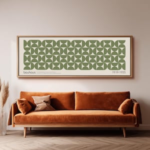 Long Bauhaus Geometric Art Print, Olive Green Framed Canvas Wall Art, Wide Horizontal Pattern Wall Decor, Minimalist Earth Tone Home Decor