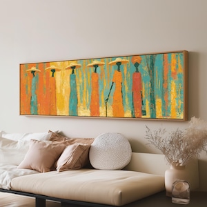 Könnte beinhalten: Ein horizontales, rechteckiges Leinwandgemälde mit sechs stilisierten Figuren, die breitkrempige Hüte und lange Kleider tragen. Das Kunstwerk verwendet eine lebendige Farbpalette aus Türkis, Orange und Gelb mit sichtbaren, strukturierten Pinselstrichen.