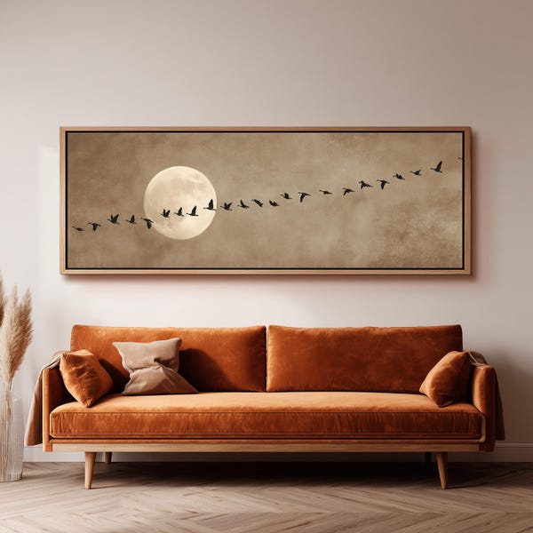 Birds and Moon Canvas Print, Vintage Sepia Wall Art, Wide Panoramic Wall Decor, Large Framed Artwork, Minimalist Birds, Long Narrow Scenery