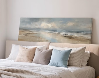 Minimalist Beach Painting, Long Narrow Wall Decor, Wide Panoramic Canvas, Large Oversized Coastal Art, Serene Seascape, Neutral Tones