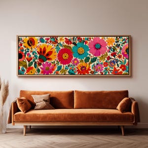 Textured Floral Panoramic Art, Impasto Mexican Flowers, Wide Canvas Print, Large Colorful Folk Art Painting, Boho Framed Art for Bedroom