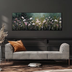 Moody Wildflower Meadow Painting, Long Panoramic Framed Canvas Art, Dark Floral Landscape Print, Wide Horizontal Art, Above Sofa Wall Art